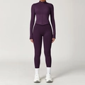 Dunkelviolettes Damen-Yoga-Set mit engem Langarm-Oberteil und High-Waist-Sportleggings - S / Jacke + Hose / Pflaumenlila
