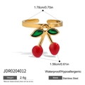 Bague ouverte en acier doré avec pendentif cerise rouge et feuilles en émail vert - Bague Ouverte Cerise(JDR0204012)