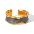 Detail view of gold-plated stainless steel cuff ring showing marble texture and dimensions - Black Enamel Irregular Wide Band Ring (HC-R30426-BK)