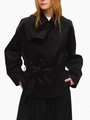 Detail of a short black double-breasted trench coat with a waist belt and side pockets - XS / Black