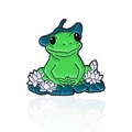Broche grenouille mignonne en émail vert avec chapeau nénuphar et lotus blanc - Grenouille sur lotus