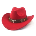 Red western cowboy hat with wide brim and decorative silver bull head emblem on band - M(56-58cm) / Red (Bull Head)