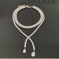 Parure collier double rang en argent avec chaîne tennis et pendentifs en forme de poire - Collier Ras du Cou Goutte d'Eau Argenté