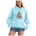 Light blue fleece hoodie with Christmas book tree print and adjustable drawstrings - S / Tops / Light Blue