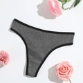 Flat lay of gray ribbed cotton thong with black elastic trim and pink rose decorations - Dark Gray