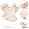 Elegant champagne satin wedding gloves with V-shape pleated cuffs and pearl pendant - One Size / Champagne