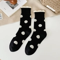 Chic black crew socks with white polka dots and delicate cream lace trim detailing - One Size / Black