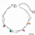 Bracelet de cheville en acier argenté avec perles blanches et breloques colorées - Bracelet de cheville argenté - Pierres multicolores (JAP392)