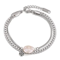 Bracelet double rang en acier inoxydable argenté avec perle irrégulière et breloque croix - Argent (KB149199-KLX)