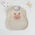 Beige waterproof baby bib with cute pink bunny pattern and large crumb catcher pocket - Pu Bib (double-layered Pocket) - Single Pink Bunny / One Size