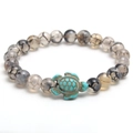 Elastic beaded bracelet with dragon-vein natural stones and a turquoise turtle charm - Black & White Dragon Vein (NL04-9)