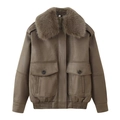 Short coffee brown leather jacket for women with a plush faux fur collar and dual pockets - S / Army Green