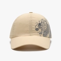Beige quick-dry baseball cap featuring a black dragon print and breathable mesh design - Adjustable / Khaki