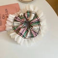 Pink and green plaid oversized scrunchie with white lace trim on a white surface - Pink Green Small Plaid Mesh (25#)