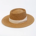 Flat top straw boater hat in caramel brown with elegant cream ribbon for summer sun protection - Indented Crown Straw Hat - Khaki with Beige Ribbon