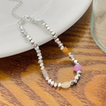 Detailed shot of silver geometric beads and colorful semi-precious stones necklace - New Chinese Style Artificial Pearl Spliced Broken Silver Bracelet (6950) / Bright Silver