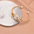 Handcrafted gold wire open bangle with large baroque pearl and green jade beads - Jade Open White Pearl Style (GB0193)