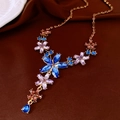 Vintage floral necklace set with colorful gemstones and blue teardrop pendants on gold chain - Gold Retro Floral Blue Gem Necklace