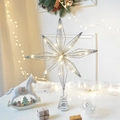 Lighted silver glitter star tree topper with warm white LED lights and spring base - Octagonal Star Silver
