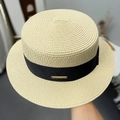Classic boater straw hat with black wide ribbon and small golden brand plate decor - M (56-58cm) / Beige Black Band