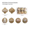 6-pack champagne gold Christmas ball ornaments with reindeer glitter texture and size markers - 8cm Glitter Christmas Ball (champagne) Irregular