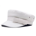 White faux leather flat top beret hat with pebble texture and front bow detail - 58cm / White Bow