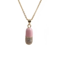 Pink gold pill pendant necklace with shimmering cubic zirconia and enamel on white base - O-chain / Pink