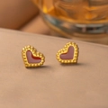 French vintage gold heart earrings with deep red enamel and decorative beaded edges - Enamel Peach Heart Earring (G241)