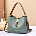 Fashionable green PU leather bucket bag with brown handle and golden metal lock - Green