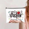 Detail of canvas makeup bag featuring Teacher survival kit print and durable metal zipper - Teacher Survival Kit Style (jiayingpbb0124)