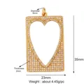 Detailed view of micro-pave gold rectangular pendant with heart cutout and dimensions - Hollow Heart Rectangle / Gold