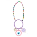 Porte-clés perlé coloré avec fleur violette et charm mauvais œil sur fond blanc - Style Micro Perles Violettes Cœur (BE1643PU01)