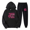 Survêtement noir en polaire avec imprimé floral rose, sweat à capuche et jogging - L (XXL) / Haut Et Bas / Noir (54)