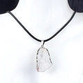 Natural white crystal raw stone necklace with silver metal trim on black rope cord - Clear Quartz (Silver)
