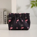 Mini black flamingo print makeup pouch with waterproof spring leaf closure for lipstick - Drawstring Style / Flamingo