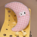 Pink checkered moon plush pillow with cartoon face embroidery and yellow legs - Pink Plaid Moon