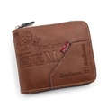 Brown leather men's trifold wallet with zipper coin pocket and contrast stitching - Light Brown