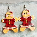 Macro detail of gingerbread man earrings with red and black plaid pattern and silver hooks - Plaid Gingerbread Man