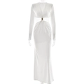 Elegantes weißes langärmliges Maxikleid mit tiefem V-Ausschnitt und Cut-out-Taille - M / Weiß