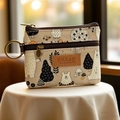Mini pochette in tela con stampa orso polare, doppia cerniera e anello metallo - Orso della foresta - Grigio beige