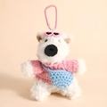 Cute white plush polar bear keychain in pink knit sweater with blue bag and sunglasses - Pink Outfit Blue Bag Westie