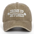Detailed view of brown washed cotton St. Patrick's Day cap with white 'Drink Up' embroidery - Adjustable / Khaki