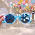 Kids heart bow sunglasses with blue circular lenses and transparent cat eye frames - Blue Transparent Frame
