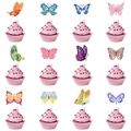 Detailed grid showing 12 styles of colorful butterfly cake toppers for party decoration - Small Butterfly Cupcake Toppers
