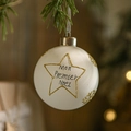 White matte Christmas ball with gold star and Mon Premier Noël text for tree decor - French Commemorative Style