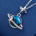 Macro shot of silver planetary pendant with blue starry globe and sparkling zircon ring - Silver Dreamy Planet-3