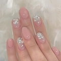 Long oval glitter press-on nails in nude pink with silver sparkles and rhinestones - Bz1412 Starry Sky / Jelly Glue + Nail File