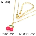 Cute red cherry pendant necklace in gold finish with green leaf enamel details - Gold Red Enamel Cherry Pendant (KN295046-GC)