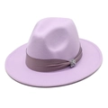Classic light purple wool fedora hat with dark ribbon and crystal buckle on white background - Light Purple