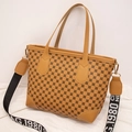 Warm brown tote bag with vintage circular print and adjustable woven strap - Vintage Circular Print / Brown